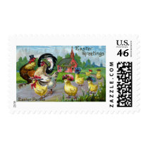 Chickens and Pink Church Vintage Easter Postage Stamps