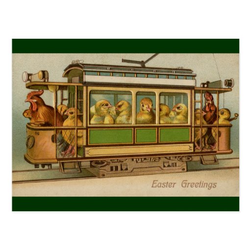 Chickens on Trolley Car Vintage Easter Post Card