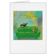 Chihuahua dog and cat on sofa fun original art card