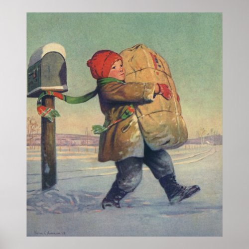 Child Carrying a Christmas Package from Mailbox Posters