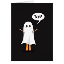 Child dressed up as ghost saying Boo! card