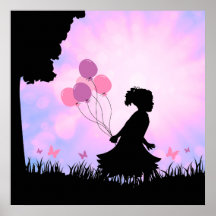 Child Silhouette Balloons Butterflies Wall Art Print