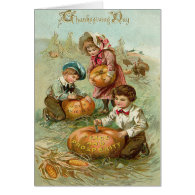 Children Carving Pumpkins Corn Haystack Card