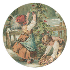 Children Gathering Christmas Apples Plate