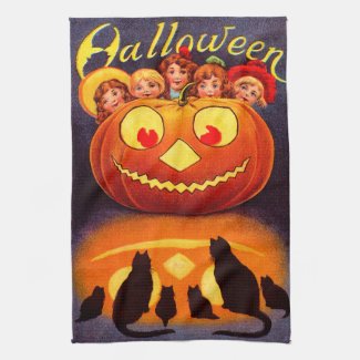 Children, Jack O`Lantern and Cats