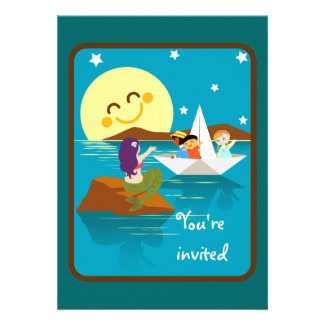 Children on a paper boat waving to a mermaid. custom announcement