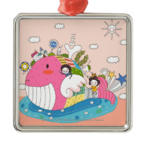 Children playing by fish in pond christmas ornament