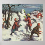 Children Playing in the Snow Building a Snowman posters