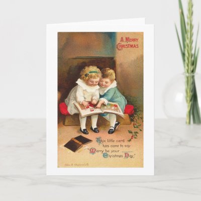 Children Reading Book Christmas Card by vintagegiftmall
