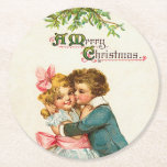 Children Under Mistletoe Christmas Round Paper Coaster