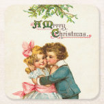 Children Under Mistletoe Christmas Square Paper Coaster