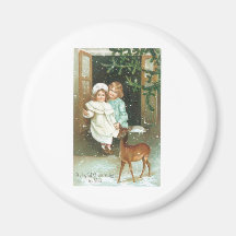Children with a deer on Christmas Magnet