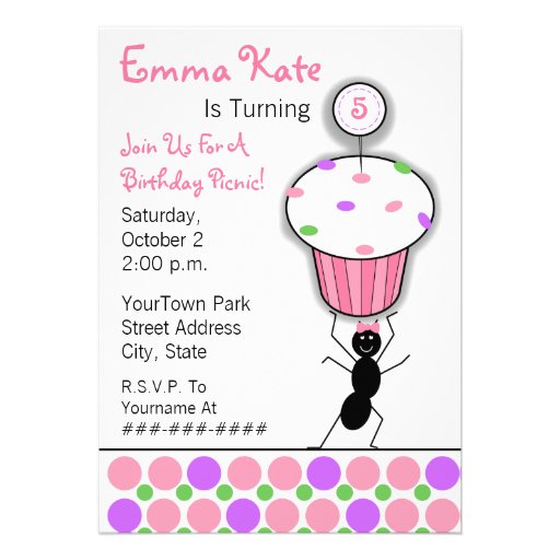 Childrens Birthday Picnic Party - Ant & Cupcake Personalized Announcement