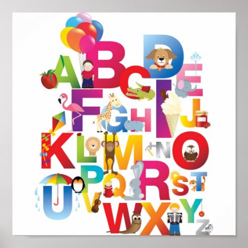 childrens crazy cartoon alphabet poster print