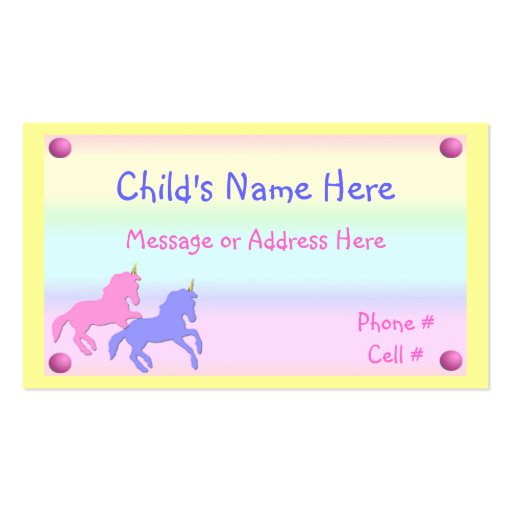 Childrens Unicorn Calling Card Business Card (front side)