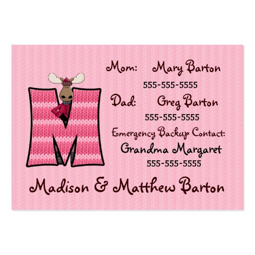 Child's Emergency Information Cards Letter M Business Card Template (front side)
