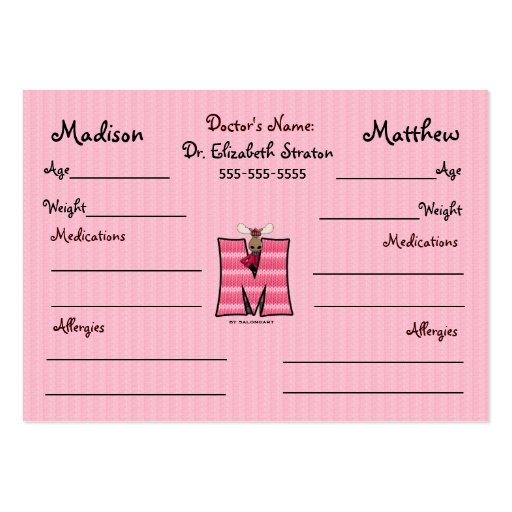 Child's Emergency Information Cards Letter M Business Card Template (back side)