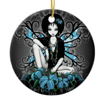 china, retro, teal, afro, ethnic, yin, yang, fantasy, fairy, faery, fae, faerie, pixies, art, myka, jelina, mika, big, eyed, flower, flora, faeries, Ornament with custom graphic design