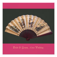 Chinese bamboo and silk fan pink wedding custom announcement