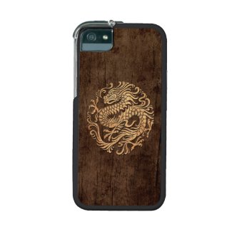 Chinese Dragon Circle with Wood Grain Effect iPhone 5 Case