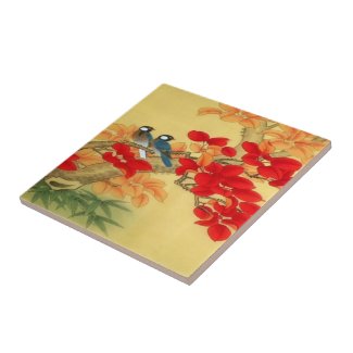 Chinese Gold and Red Floral Ceramic Tile