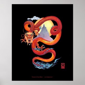 Chinese Red Dragon print on black