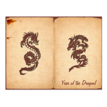 Chinese Tribal Dragon Old Aged Paper Red Orange Post Cards