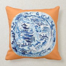 CHINOISERIE PLATE ON TANGERINE THROW PILLOWS