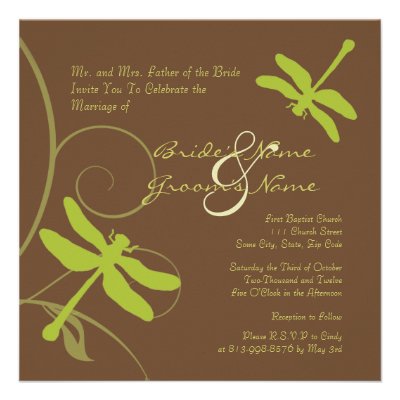 Chocolate and Green Dragonfly Wedding Invitation