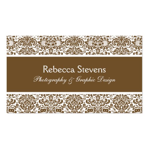 Chocolate and White Damask Business Card (front side)