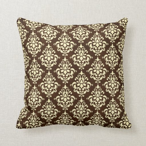 Chocolate Brown and Cream Damask Throw Pillow