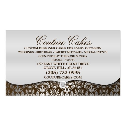 Chocolate Brown Cake Couture Glitzy Damask Bakery Business Card Template (back side)