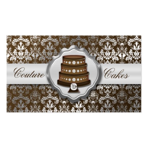 Chocolate Brown Cake Couture Glitzy Damask Bakery Business Card Template (front side)