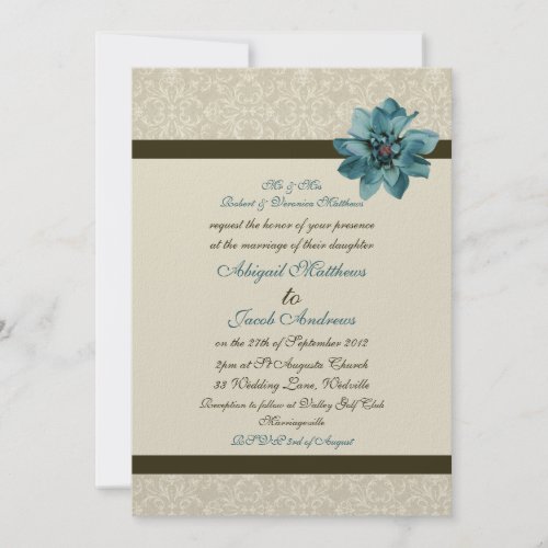 Chocolate Brown Cream And Teal Blue Flower Wedding invitation