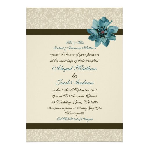 Chocolate Brown Cream And Teal Blue Flower Wedding Invitations