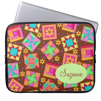 Chocolate Brown Patchwork Quilt Art Blocks Laptop Sleeves