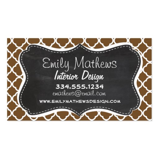 Chocolate Brown Quatrefoil; Vintage Chalkboard Business Card (front side)