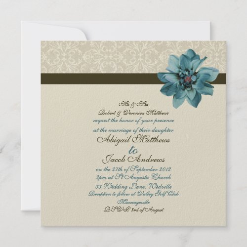 Chocolate Brown Teal Blue Flower Wedding Invite invitation