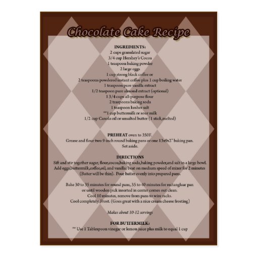 Chocolate Cake Recipe Postcard Zazzle