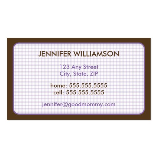 Chocolate Carriage Mommy Calling Card: lavender Business Cards (back side)