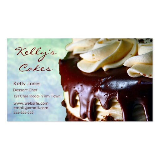 Chocolate Cream Cake Blue Bokeh Business Card (front side)