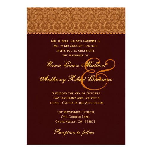 Chocolate Gold Vintage  Damask Wedding Monogram Custom Announcement