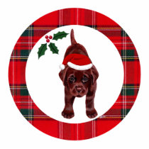 Chocolate Lab Puppy with Santa Hat Tartan photo sculptures