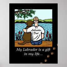 Chocolate Labrador and Dad Cartoon Poster