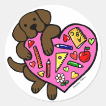 Chocolate Labrador & Teacher's Heart Cartoon Round Sticker