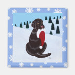 Chocolate Labrador  with Santa Hat Snowflake Fridge Magnets
