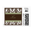 postcard - Elegant Love postage with a damask pattern in chocolate with sage green accents.