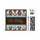 postcard - This elegant wedding postage by Two Hearts Wedding Shoppe™ features  a damask pattern in chocolate with sky blue accents and the words Our Wedding.