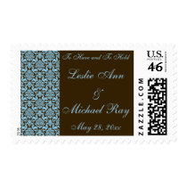 Chocolate & Teal Damask Wedding postage