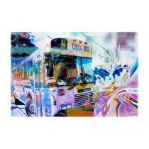 Chool School bus San Francisco streets graffiti posters